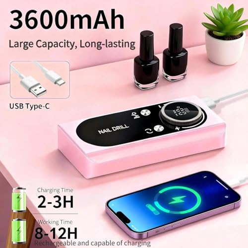 Nail Drill Machine 45000RPM, Professional Nail Drill Rechargeable, Low Noise Gel Drill Kit with 6 Drill Bits & Sanding Bands, Nail Electric File for Shaping, Polishing & Removing at Salon & Home
