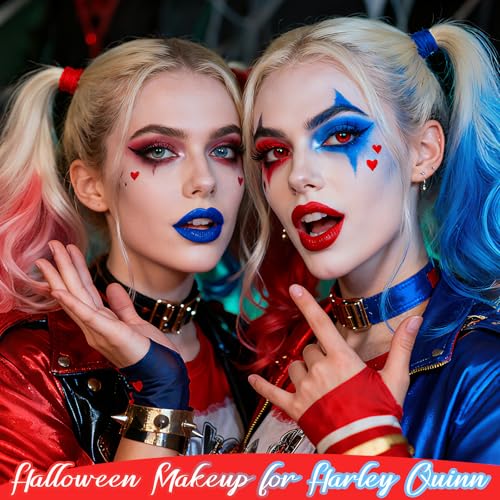 Halloween Makeup Kit for Harley Quinn Cosplay, Red Liquid Eyeliner Stamp, Red and Blue Face Body Paint Stick, Costume Accessories for Harley Quinn Cosplay SFX Looks