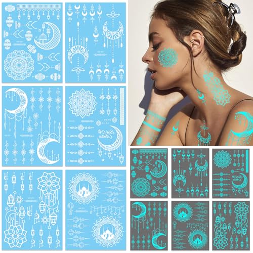 6 Sheets Henna Tattoos Temporary Stickers Waterproof Sexy Women Body White Party Masquerade Halloween Night Fluorescence Lotus DIY Face Arms Legs Art Decoration