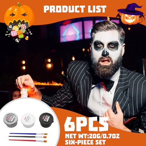 White Black Silver Face Body Paint with 3 Brushes, 60g(2.1 oz) Face Painting Set, Non-Toxic, Water Based Makeup for Halloween, Party, SFX, Cosplay, Theater
