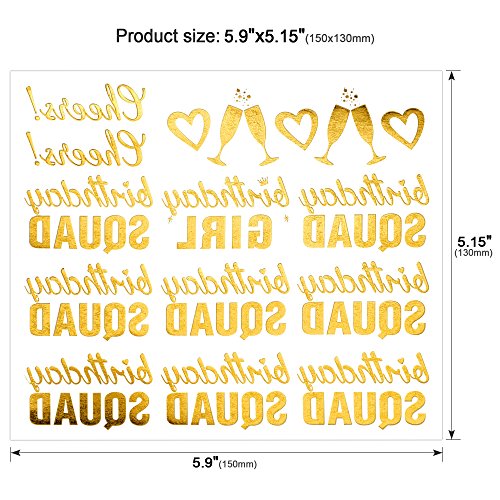 Birthday Tattoos(32Designs),Konsait Metallic Temporary Tattoos for Girls Kids Birthday Party Celebration Accessories-Birthday Girl,Birthday SQUAD,Cheers,Happy Birthday Party Bag Filler Favors Supplies
