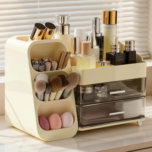 Delamu Big Makeup Organizer with Drawers, Spacious Cosmetic Display Caddy with Makeup Brush Holder, Bathroom Countertop Organizer for Vanity, Dorm, Desk, Beige