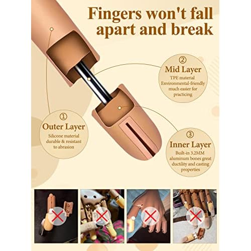 Practice Hand for Acrylic Nails- Silicone Nail Hand Practice Upgrade Nail Tips Never Fall Off, Fake Nail Manican Hand for Nail Practice, Flexible Practice Maniquin Hand with 200PCS Nail Tips