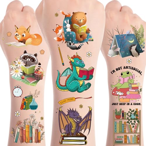 Reading Book Temporary Tattoos - 8 Sheets Tattoo Stickers for Kids, Waterproof Birthday Party Favors Supplies Decorations Sticker for Boys and Girls, Classroom School Prizes Rewards Gifts