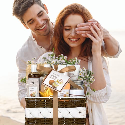 26 Pcs Coconut Honey Almond Spa Gift Basket for Women & Men Spa Gift Basket Luxury Bath and Body Basket Set, Large Luxury Home Spa Kit, Relaxing Self Care Pamper Gifts Birthday Bridal Shower