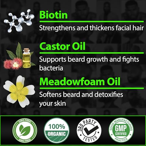 Beard Growth Kit w/GROW XXL Beard Oil/Serum for Facial Hair Growth for Men + 100% Lifetime Replacement Boar Bristle Brush + 2X Thickening Biotin Mustache Wax & Balm for Men - Formulated in America