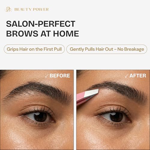 Professional Tweezers in Case - Slant, Durable Lightweight German Stainless Steel, Ultra Precision Tweezers for Eyebrows, Facial Hair, Chin, and Ingrown Hair Removal - Gift Idea - Pink