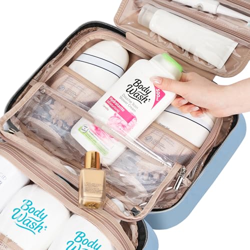 NISHEL Travel Toiletry Bag for women, Portable Hanging Organizer for Family-Sized Shampoo, Conditioner, Brushes Set, Makeup Accessories, Extra Large Size, Placid-Blue