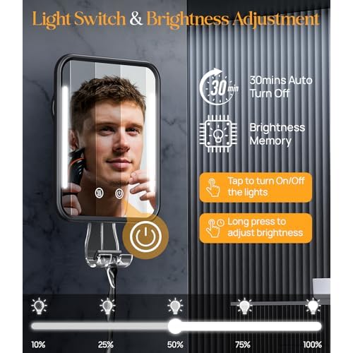 Gospire Heated Shower Mirror Fogless for Shaving with Light, Rechargeable Battery and Adjustable Brightness, Suction Cup and Razor Holder, Removable & NO-Drilling, Waterproof for Bathroom (Black)