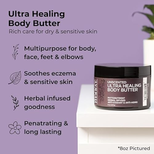 Ora's Amazing Herbal Ultra Healing Body Butter, Intensive Unscented Moisturizer For Dry Skin, Fragrance Free Skin Cream, 8 oz Large