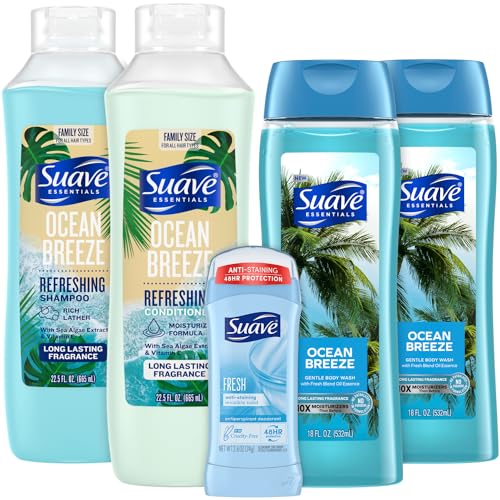 Suave Body Wash 2-Pack, Shampoo & Conditioner, Ocean Breeze + Fresh Antiperspirant Deodorant for Women (5 Piece Set)