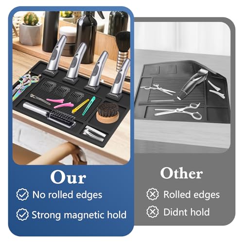 Magnetic Barber Mat for Clippers,Station Barber Tool Organizer Mat Rubber for Scissors Salon Barber shop Beauty Tools with 4 Slots Flexible Silicone Barber Pad Non-Slip Professional Barber Accessories