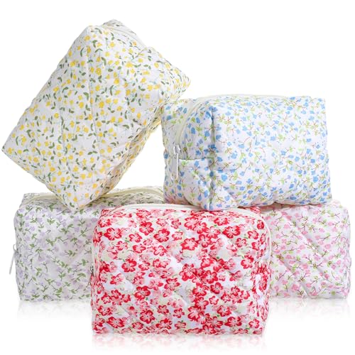 5 PCS Makeup Bag Quilted, Floral Makeup Bags Bulk with Zipper Quilted Cosmetic Bag Cosmetic Pouch Flower Cute Pouches for Cosmetics, Pens and Portable Travel Toiletries-5 Styles