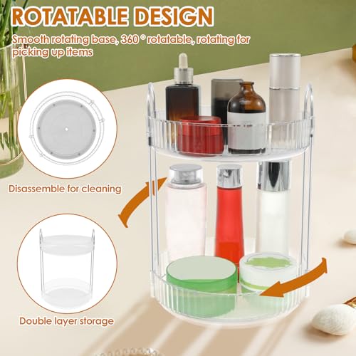 Rotating Makeup Organizer 360¡ÆRotating Skincare Organizer Large Capacity Rotating Cosmetic Organizer 2 Layers Rotating Vanity Organizer Practical Rotating Dresser Organizer for Countertop (Clear 2PCS)