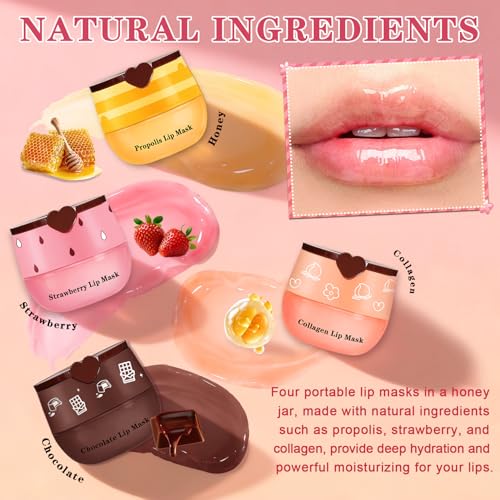 AWCCXMYM 4 PCS Bee Lip Balm Honey Pot Hydrating & Preventing Dry Honey Balm Lip Balm Honey, Strawberry, Collagen, Chocolate Moisturizing Lip Sleeping Mask with Sticks