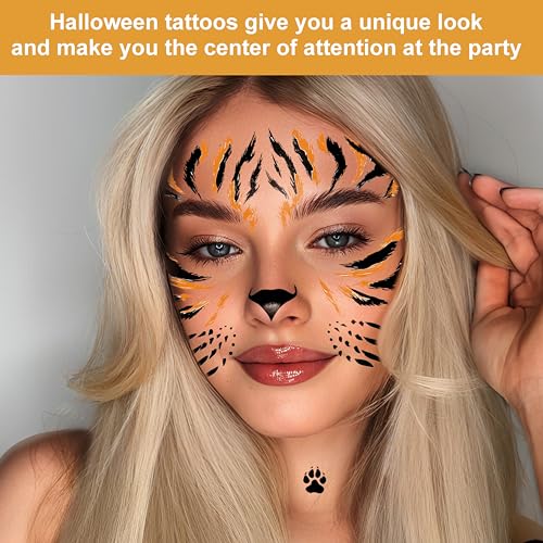 Tiger Stripes Temporary Face Tattoos, Tiger Stripes Face Tattoos Stickers, Halloween Animal Face Temporary Tattoo Stickers for Carnival Birthday Halloween Children's Party (tiger)