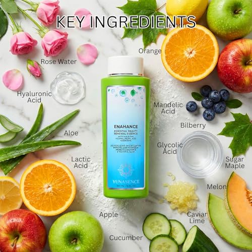 Yunasence ENAHANCE Essential Beauty Renewal Essence, 6oz. with AHA+PHA, 4-D Hyaluronic Acid. Gentle Facial Peel for Brighter, Younger, More Even Skin.