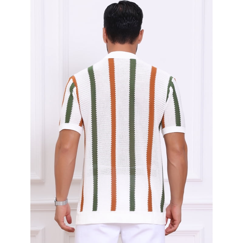 Daring Diva Men’s Hollow Knit V-Neck Polo Shirt, Short Sleeve, White, Size S