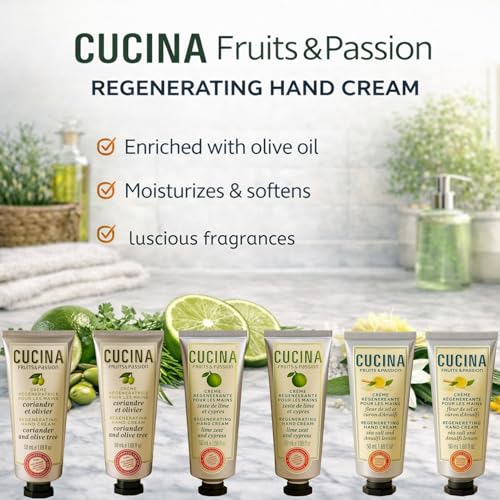 Cucina 6 Pack Regenerating Hand Cream Fruits & Passion Travel Size Set | Coriander Olive Tree | Lime Zest Cypress | Sea Salt Amalfi Lemon