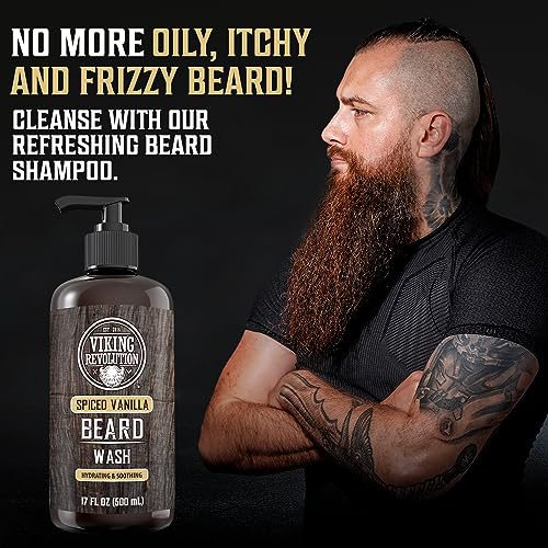 Viking Revolution Spiced Vanilla Beard Wash for Men with Argan Oil and Jojoba Oil - Beard Softener and Strengthener Beard Shampoo with Beard Oil - Beard Care to avoid Beard Dandruff and Itch (17 oz)