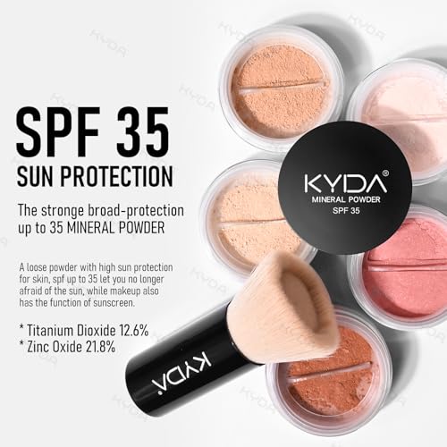 KYDA Mineral Loose Powder Foundation, SPF 35, Skin-improving Mineral Foundation with Brush, Lightweight Buildable Coverage, Natural Glow Loose Powder Base Makeup, Medium Beige, 0.28 oz
