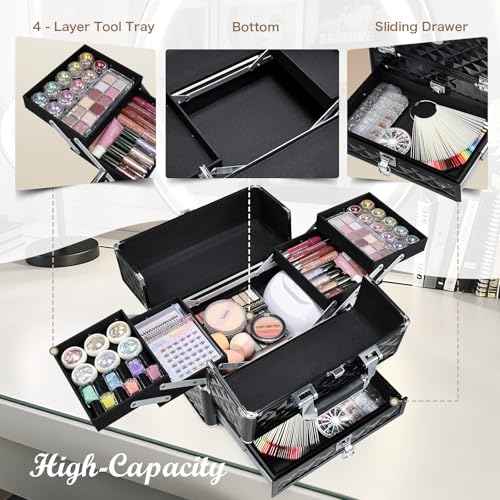 Joligrace Makeup Train Cases Professional Travel Makeup Cosmetic Cases Organizer Portable Box with Drawer Black