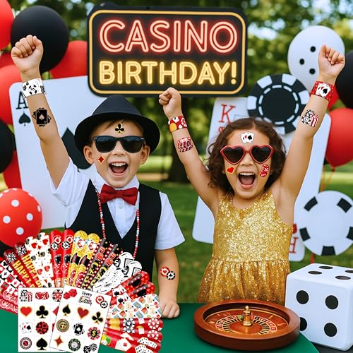 48PCS Casino Party Favors - 24PCS Temporary Pre - cut Tattoos & 24PCS Slap Bracelets - Fun Vegas-Themed Birthday Supplies, Baby Shower Gifts, Classroom Rewards & Party Decor for Kids (Boys & Girls)
