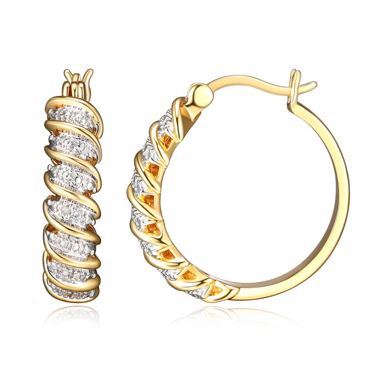 Silver and Gold Tone Hoop Earrings with Diamond Accent - S Link Design