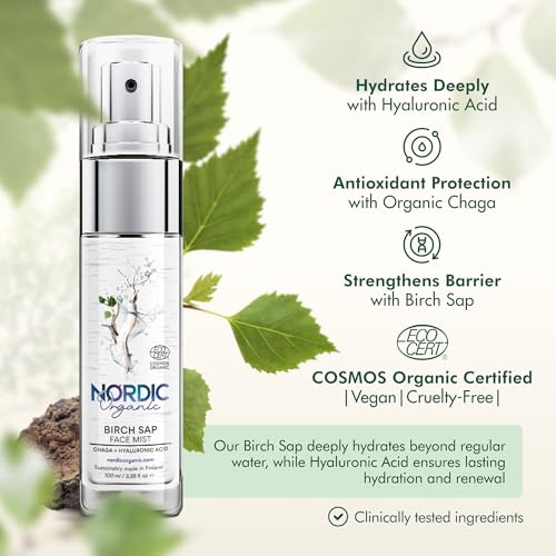 Birch Sap Face Mist ? Cosmos Certified Organic Formula with Hyaluronic Acid & Chaga Mushroom, Fragrance Free, Made in Finland 3.38 oz (100 ml), 1 Bottle