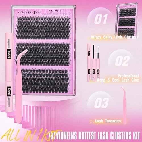 TNFVLONEINS Lash Clusters Kit Wispy Lash Extension Kit Spiky Eyelash Extension Kit Eyelash Clusters DIY Individual Lashes Kit Soft Cluster Eyelash Extensions(Wispy Spikes Kit)