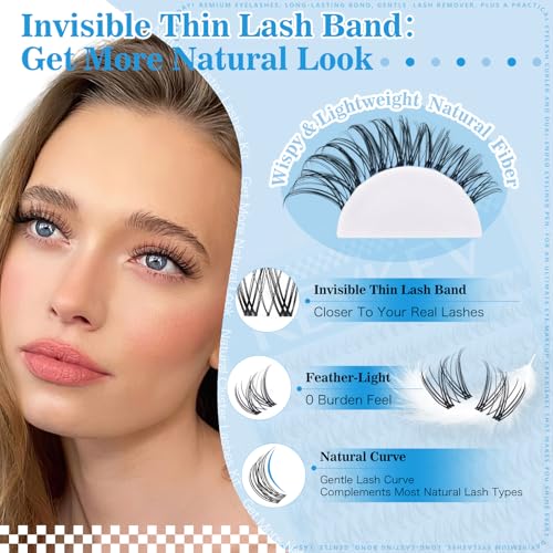 Wispy Lash Clusters Kit Invisible Thin Band Natural Eyelash Clusters 8-16mm Lash Extension Kit Mix Length Clear Band Natural Look Cluster Eyelash Extensions With Lash Bond DIY Lash At Home(Wispy02)