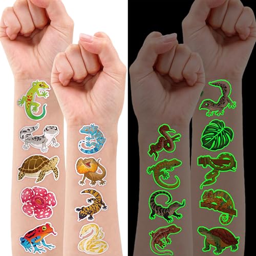96PCS Reptile Animal Safari Jungle Lizard Pre-Cut Luminous Glow in the dark Temporary Tattoos for Kids | Super Cute Theme Birthday Party Favors Supplies Decorations, Fake Tattoos Gifts for Boys Girls