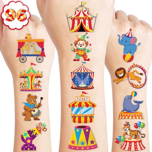 96PCS Carnival Circus Clown Pre-Cut Temporary Tattoos for Kids | Super Cute Themed Birthday Party Favors, Supplies, Decorations, Animal Fake Tattoo Stickers (Multiple)