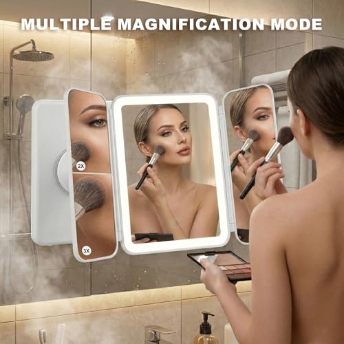 Trifold LED Vanity Mirror with Lights, Bathroom Shower Mirror with Powerful Suction Mount, Rechargeable Makeup Mirror with 2X/3X Magnification, 3 Color Lights & Brightness Adjustable