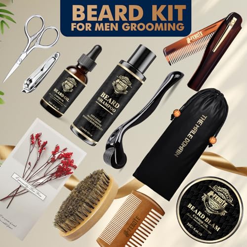 Beard Care Kit for Men - Premium Grooming & Care Set with Beard Wash, Oil, Balm, Brush, Massager Roller and Scissors - Gift Ready Kit for Him Husband - Father's Day Valentine's Day Christmas