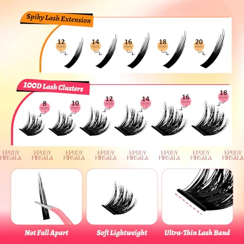 Lash Clusters 100D with DIY Spikes 12-20mm Manga Lashes Clusters 280pcs Fairy Cluster Mink Strips Lashes Wispy Volume Individual Lash Extensions with Bond Seal Tweezers Soft Fluff Look EPUDY FIHSALA