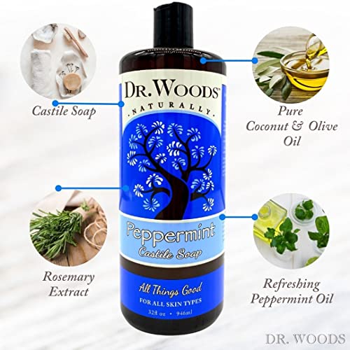 Dr. Woods Peppermint Liquid Castile Soap - Castile Soap with Pure Peppermint Oil, Body Wash for Men and Women, Contains Olive Oil, Natural Cleanser for Face, Hands, and Body - 32 Fl Oz, Pack of 3