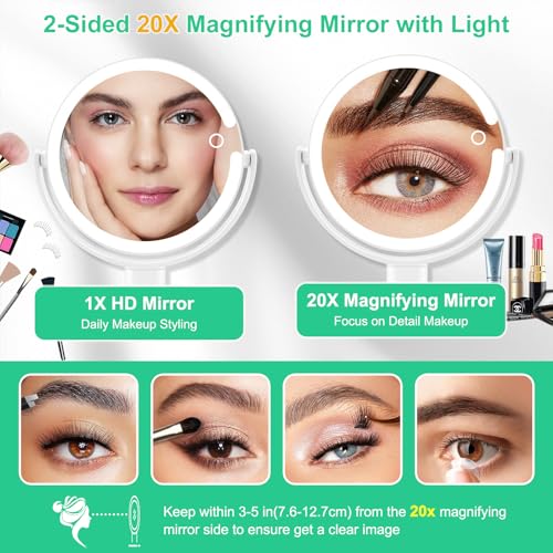 20X/1X Magnifying Makeup Mirror with Lights, Double-Sided Home Vanity Mirror with 3 Color Brightness Adjustable, 360¡Æ Rotation, Adjustable Height, Rechargeable, Phone Holder and Storage Tray