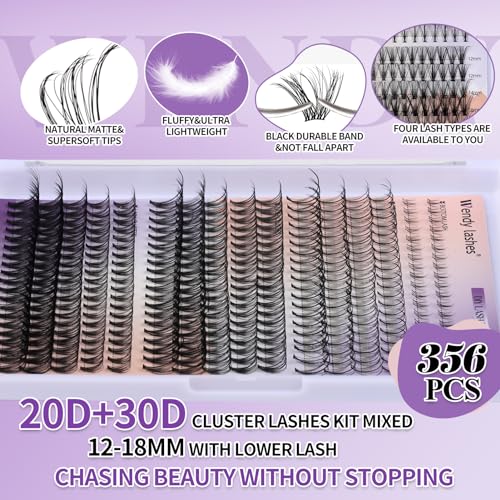DIY Lash Extension Kit Lash Clusters With Bottom Lashes 20/30/40/50D 12-18mm Multi-types Individual Lashes Bond and Seal, Spike, Volume Lashes Kit Lash Applicator(20/30 Kit)