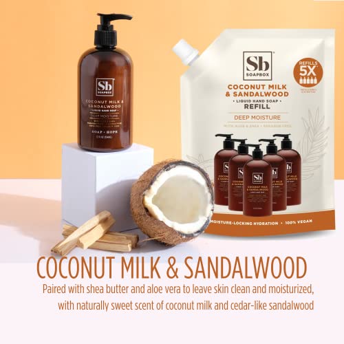 Soapbox Coconut Milk & Sandalwood Liquid Hand Soap Combo Pack, 3 Pack of 12oz Bottles + 64oz Half Gallon Refill
