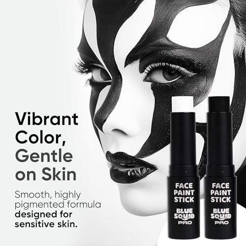 Blue Squid PRO Black and White Face Paint Stick - Waterproof Body Paint For Adults & Kids Eye Black Baseball, Eyeblack Softball -Hypoallergenic Twist-Up Non-Toxic Makeup Stick - Cosplay, Sports & SFX
