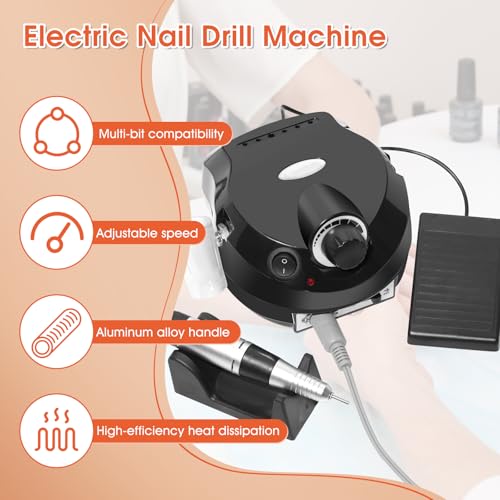 Electric Nail File, Nail Drill Machine, Adjustable Speed Electric Nail Drill Machine Kit with Foot Pedal, Manicure Pedicure Set for Salon Home Use