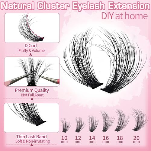 Lash Extension Kit 320pcs Volume Lash Clusters 10-20mm Eyelash Extension Kit 50D DIY Lash Extension Kit Individual Lashes with Lash Bond and Seal, Remover, Lash Tweezers and Lash Brushes