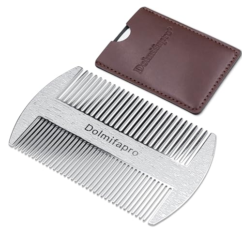 Pocket Comb for Beards, Mustache Comb & Hair Beard Comb for Men Ultra-thin, Stainless Steel, Anti-static with PU Leather Case (silvery)