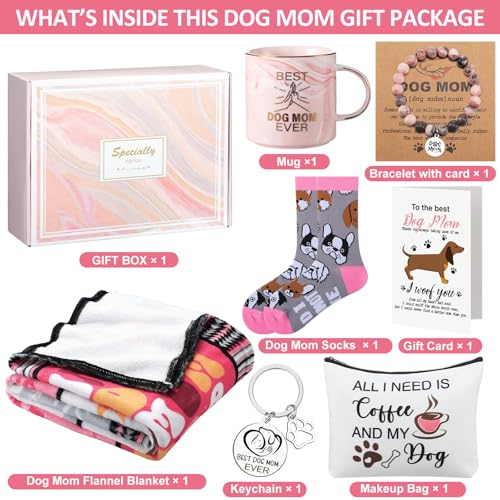 9 Pcs Dog Lover Mom Gifts for Women Novelty Fleece Blanket Blanket Socks Mug Cosmetic Bag Keychain Bracelet Cards Mother's Day Idea Gifts Box Set for Mom Birthday Basket Valentine's Day