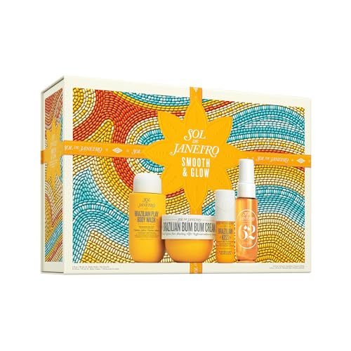 Sol de Janeiro Gift Set - Smooth & Glow Body Routine | Travel Size Bum Bum Minis including Bum Bum Cream, Brazilian Play Body Wash, Cheirosa 62 Mist, and Brazilian Kiss Lip Balm
