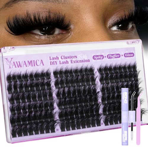 Yawamica Fluffy Lash Clusters Kit Wispy Volume Cluster Eyelash Extensions 12-20mm D Curl Individual Lash Extension Kit with 2-in-1 Lash Bond and Seal and Tweezers for Volume Wispy Lash Look