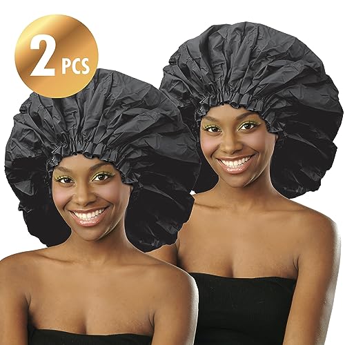 Donna Premium Collection Shower Cap Waterproof Super Jumbo Bonnet 2pc Shower Caps for Women Reusable Waterproorf BLACK