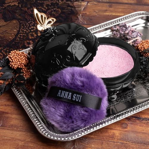 ANNA SUI Loose Face Powder Case Only - Refill Sold Separately, Black Vanity Case with Butterfly Motif, Come with Purple Puff