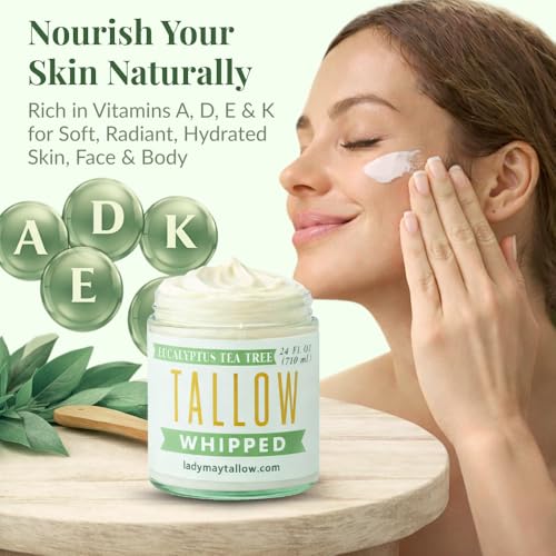 Whipped Tallow 24oz - All Natural Face Cream + Whole Body Moisturizer for Dry Skin - Made With Eucalyptus Oil - No Preservatives, Parabens or Seed Oils -USA Made (Eucalyptus Tea Tree)